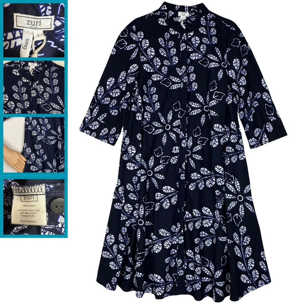Zuri Kenya Floral Shirt Dress Cotton Pockets Women Large Long Navy Art to Wear